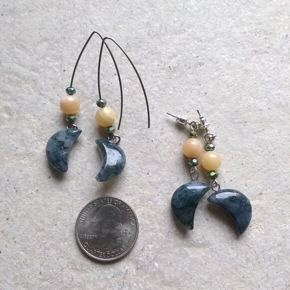 Dark Green Moss Agate Moons + Citrine Beads ~ Unique & Handmade Dangle Earrings - Picture 8 of 8
